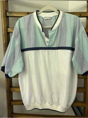 Pierre Cardin White Polo with Light Blue Striped Upper and Navy Trim